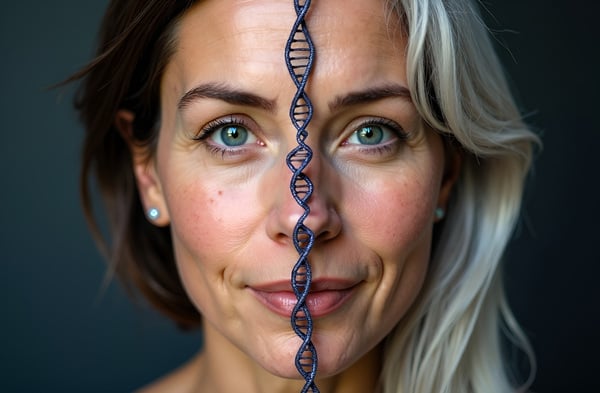 How Biological Age Tests Work: Current Methods and Accuracy 4 A split-face portrait showing the same person at two different ages, illustrating the concept of biological age.