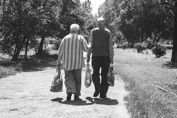 Life Expectancy vs. Longevity vs. Lifespan vs. Healthspan 4 An elderly couple taking a stroll. Black and white photography.
