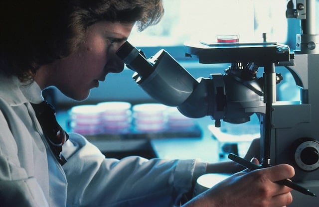 NAD and Cancer: What We Know and What We Don't 5 female scientist looking through an inverted microscope at cancer cells that have been grown in culture media