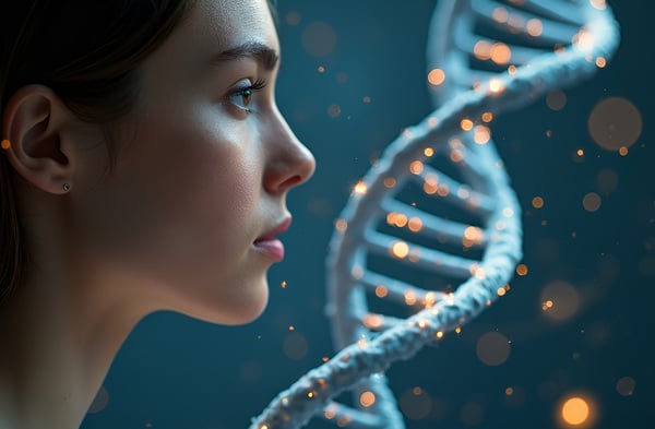 What is an Epigenetic Age Test and How Does it Work? 4 A close-up portrait of a young woman's face in profile, where her skin transitions into a double helix DNA structure representing epigenetics
