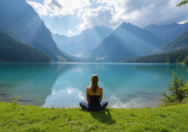 10 Ways to Increase Your NAD+ Levels 7 A serene lakeside scene with a woman sitting on lush green grass at the water's edge