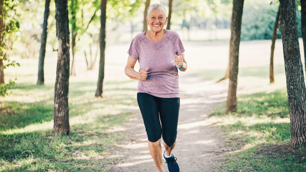 Image of a mature healthy woman jogging. 