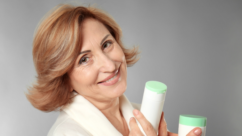 Picture of a woman holding anti-aging supplement.