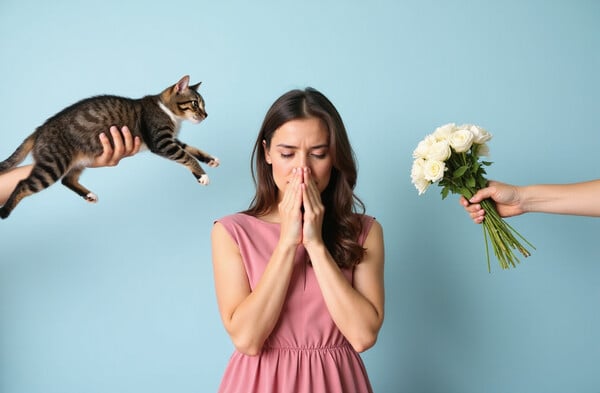 10 Natural Antihistamines for Seasonal Allergies Reviewed 4 Woman with allergies in pink dress reacting to white flowers on right and a cat on left against a soft blue background