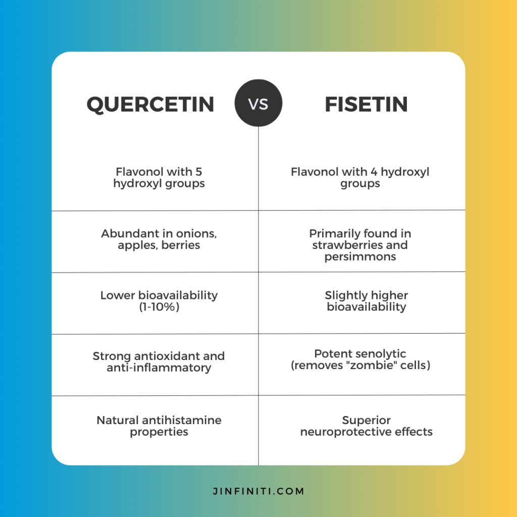 Quercetin vs. Fisetin: Differences and Combined Benefits 8 Infographic showing the differences between Quercetin vs. Fisetin