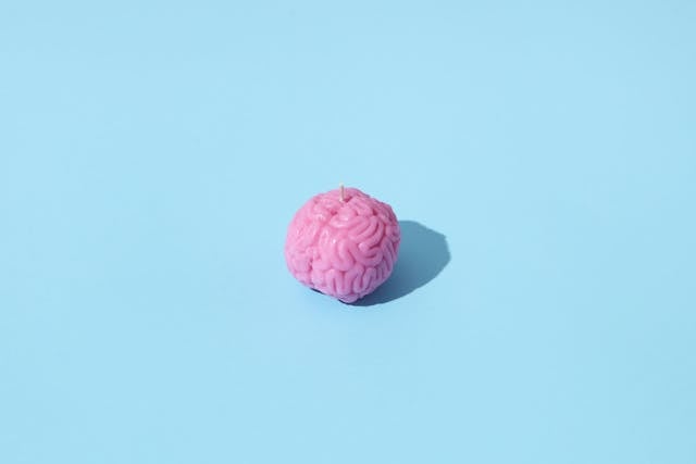 NMN for Brain Fog: Exploring its Role in Cognitive Function 4 A pink brain-shaped object that appears to be a candle, with a visible wick at the top, placed against a solid light blue background