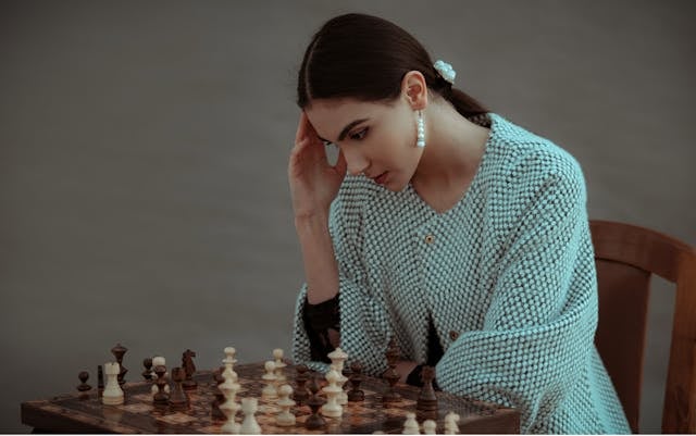 NMN for Brain Fog: Exploring its Role in Cognitive Function 6 A woman with dark hair and pearl earrings sits at a chessboard, concentrating deeply with her hand on her forehead
