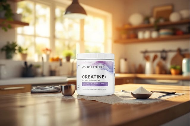 Jinfiniti's Creatine ATP supplement jar on a kitchen island