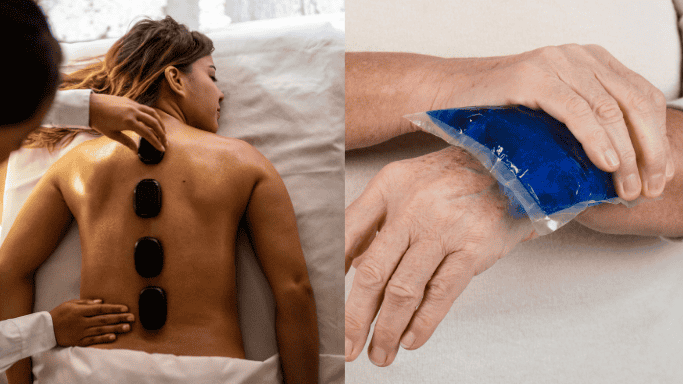 Split image showing hot therapy on the left side with a heating pad and cold therapy on the right side with an ice pack.