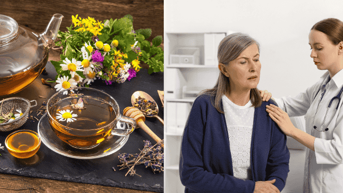 Comparison image showing natural remedies for muscle pain, including herbal tea and fresh herbs, on the left, and a woman being examined by a doctor on the right, highlighting the need for medical attention when home remedies are insufficient.