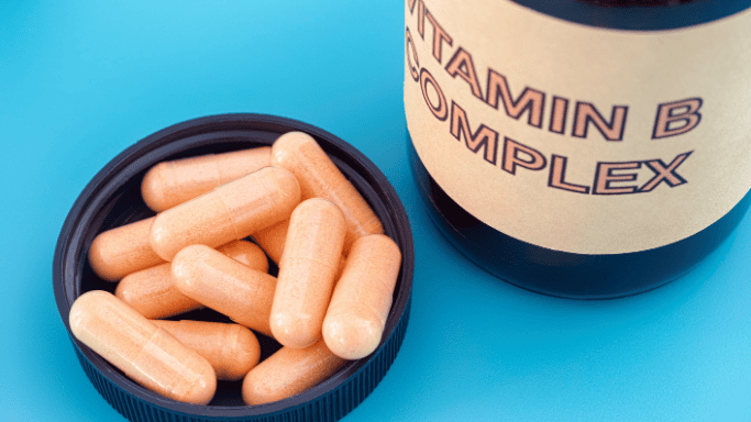10 Vitamins and Minerals with Anti-Aging Benefits 11 An image showing B Vitamins supplements.