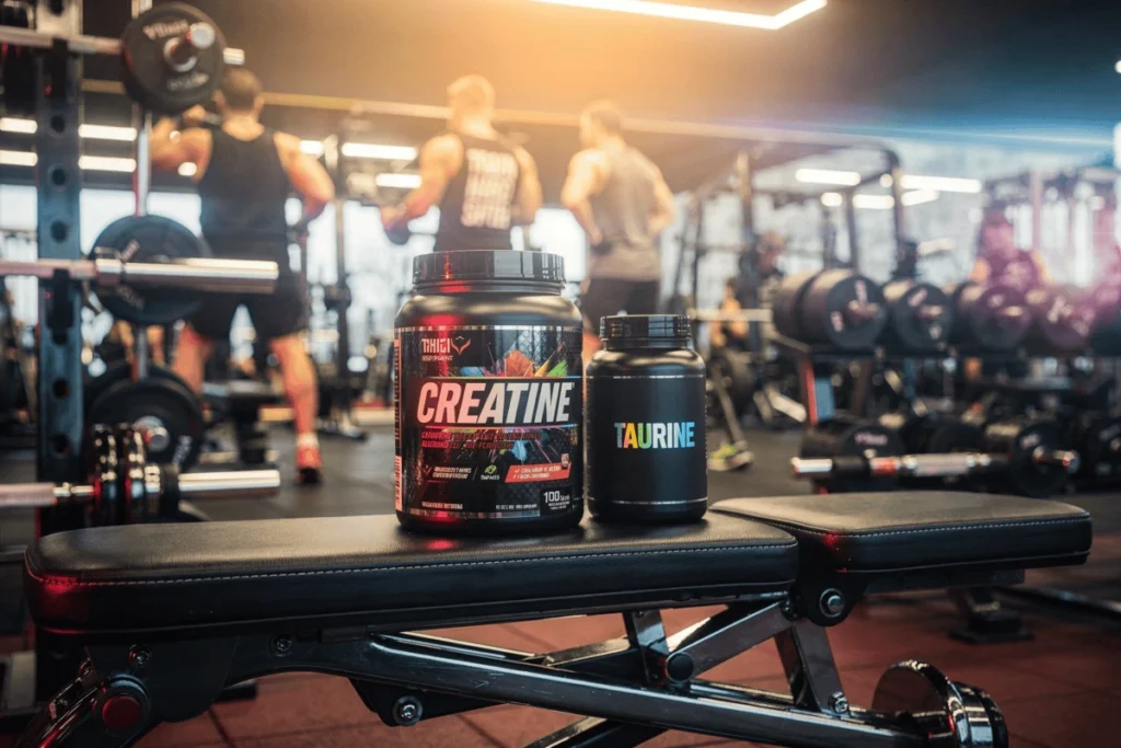 Taurine vs Creatine for Energy, Longevity and Performance 5 Two bottles of Creatine and Taurine on a bench in a busy gym.