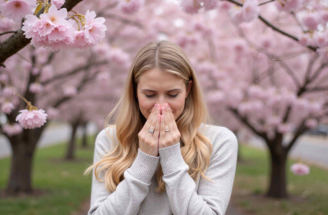 Blonde woman covering nose and mouth under blooming cherry blossom trees, appearing to have seasonal allergies