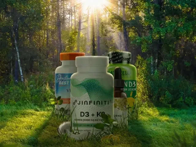 The Best Vitamin D3 Supplements: Image with four D3 supplement bottles in a sunlit forest.