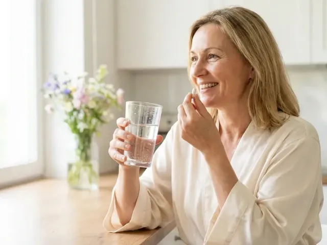 A middle-aged woman takes her morning NMN supplement with a glass of water