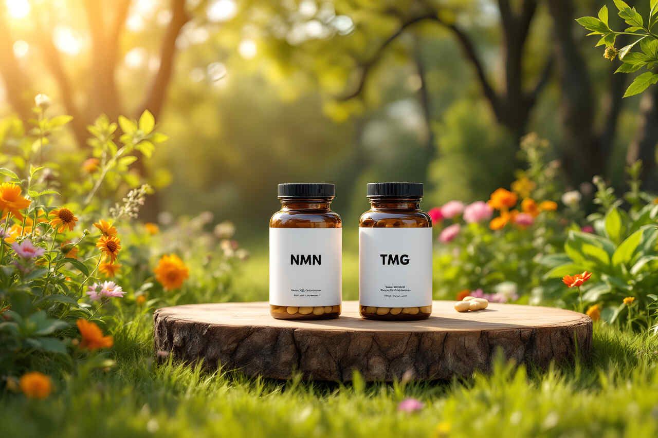 Two supplement pill bottles, one labeled NMN, one labeled TMG, photorealistic, high detail, set on a wooden table outdoors, lush green garden background