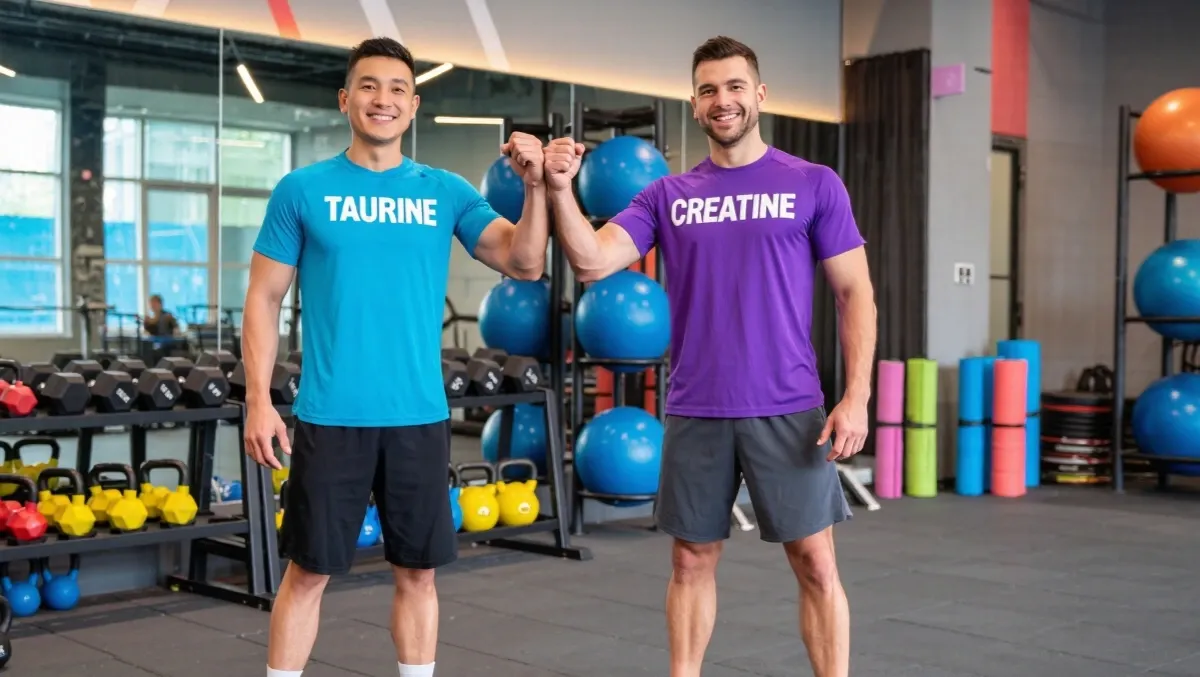 Two friends in the gym, one wearing a shirt that says Creatine and the other a shirt that says Taurine.