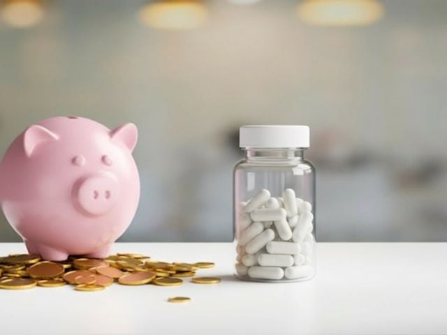 A pink piggy bank sits next to scattered gold coins and a supplement bottle on a white surface.