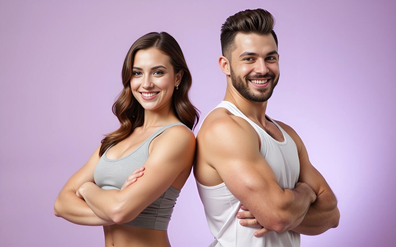 Fitness couple against a lavender gradient background