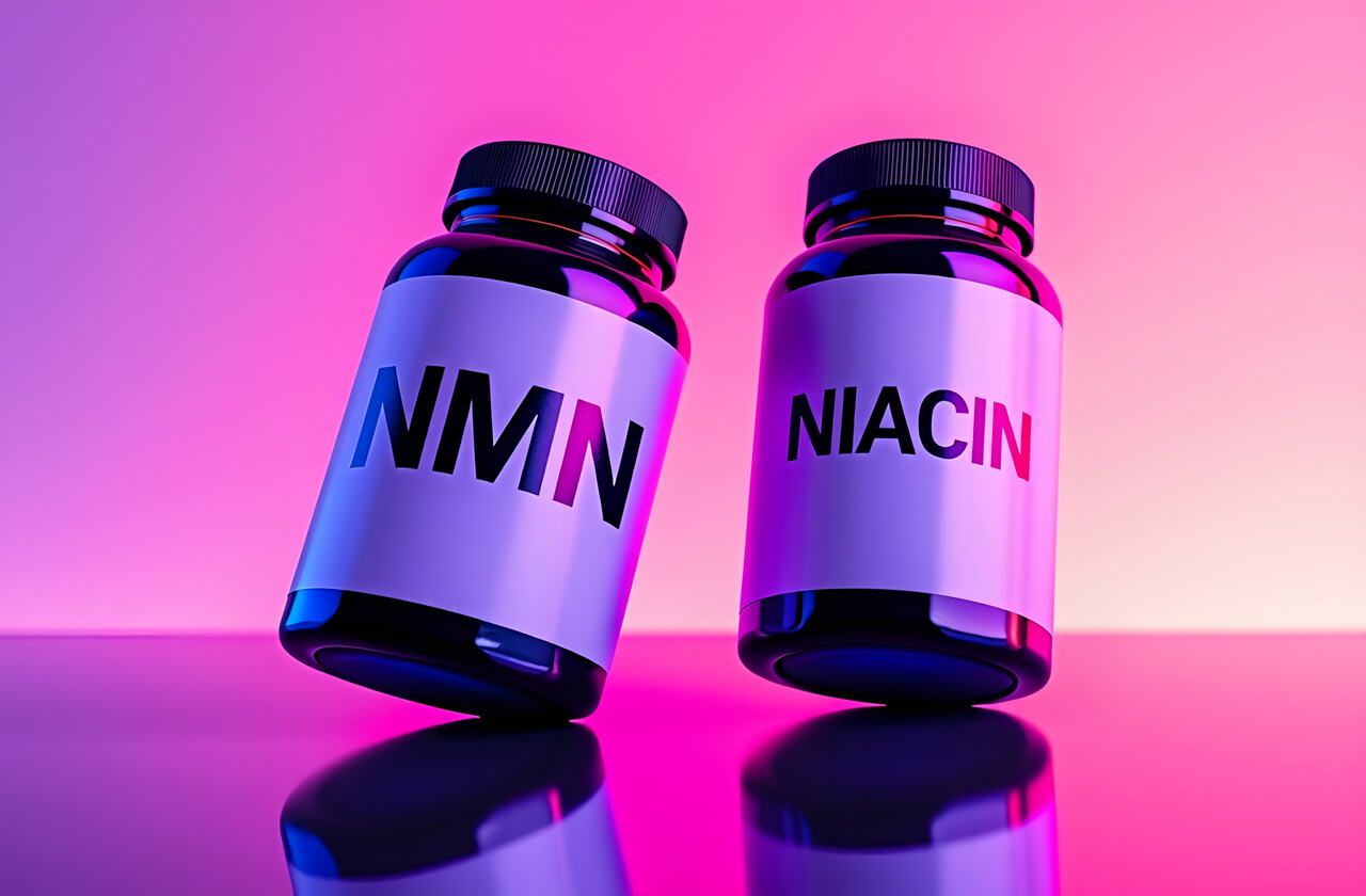 Two supplement bottles of NMN and Niacin side by side comparison in dramatic lighting