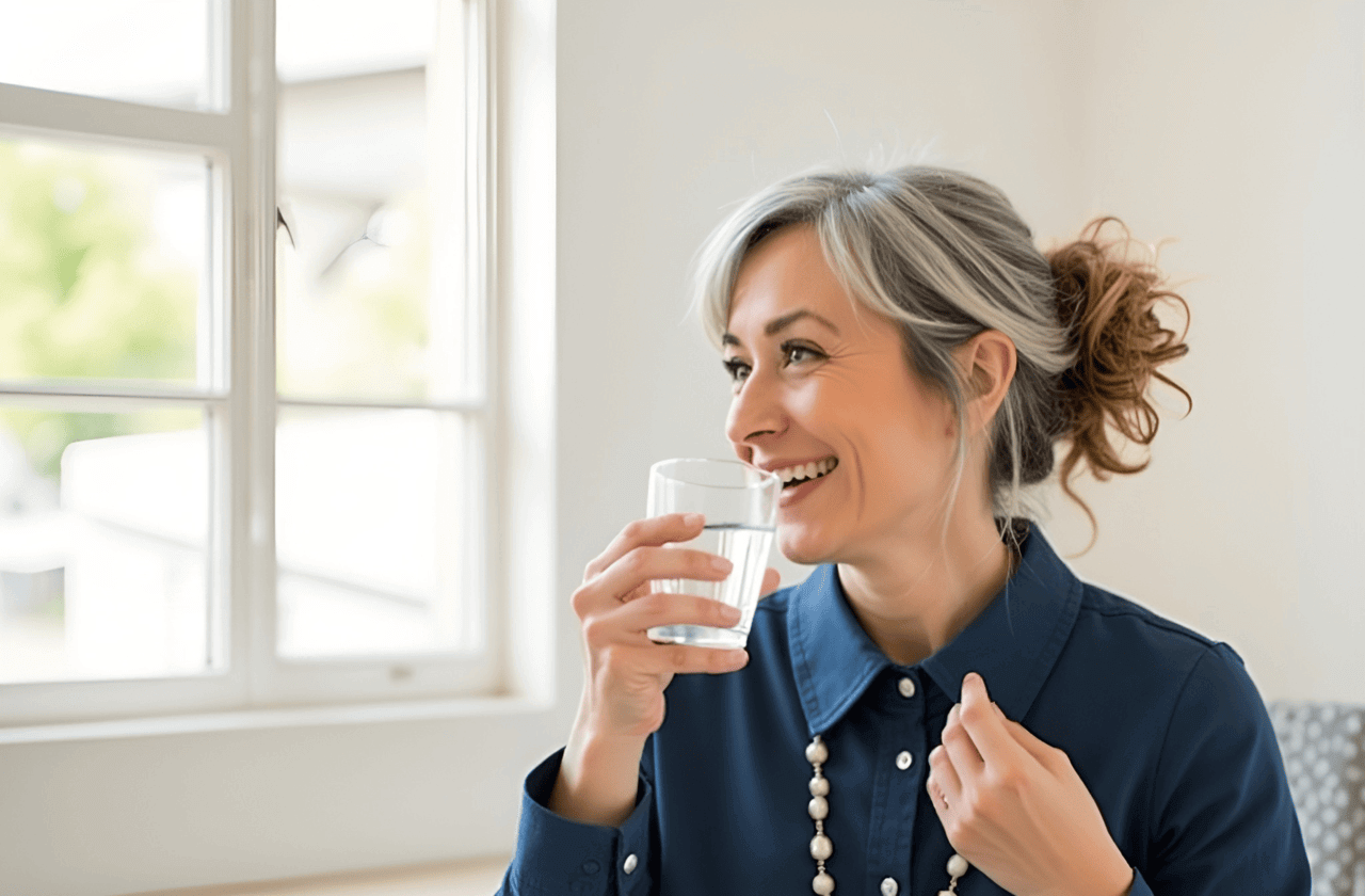 Woman drinking a glass of water with her morning NMN supplement