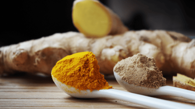 An image of ginger and turmeric powder with ginger roots on the background