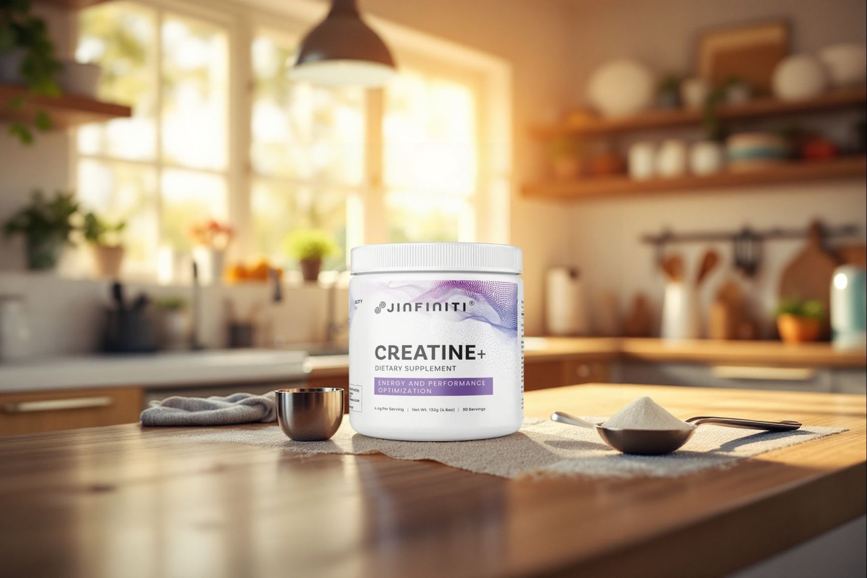 A tub of Jinfiniti Creatine on a well-lit kitchen counter
