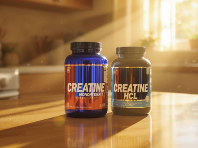 Two creatine supplement bottles sit on a kitchen counter with warm golden sunlight streaming through the background.