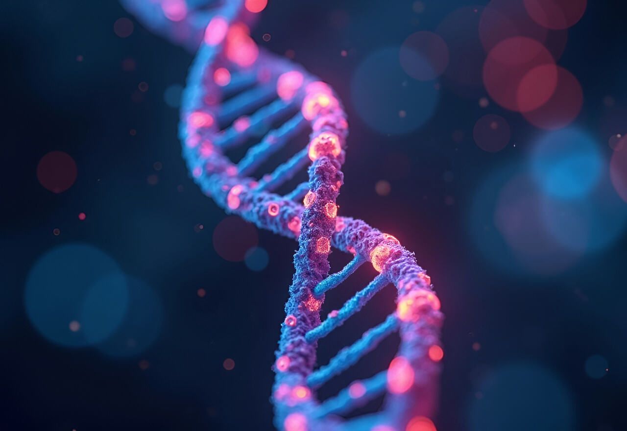 Vibrant blue and pink DNA strand representing NAD World 3.0