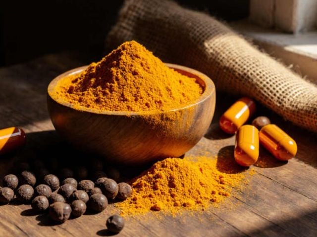 Boswellia Benefits for Inflammation, Side Effects and Dosage 10 A bowl of turmeric powder surrounded by black peppercorns and yellow curcumin capsules.