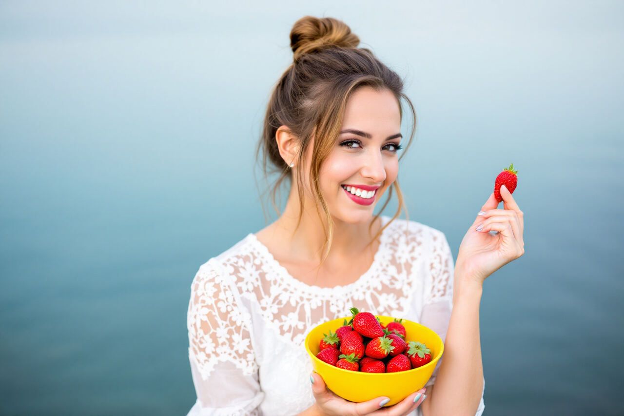 Woman holding a bowl of strawberries by the water