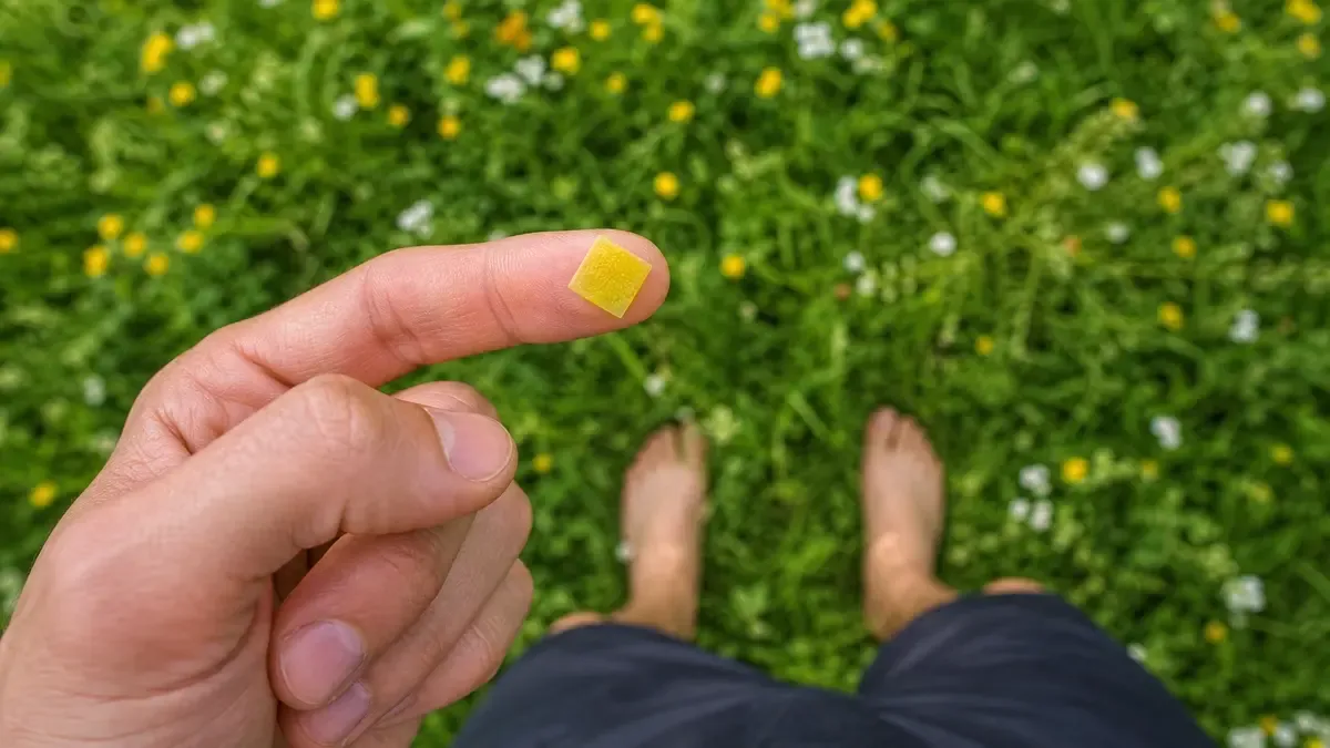 A man standing outside with a NAD+ patch on his finger, first-person view.