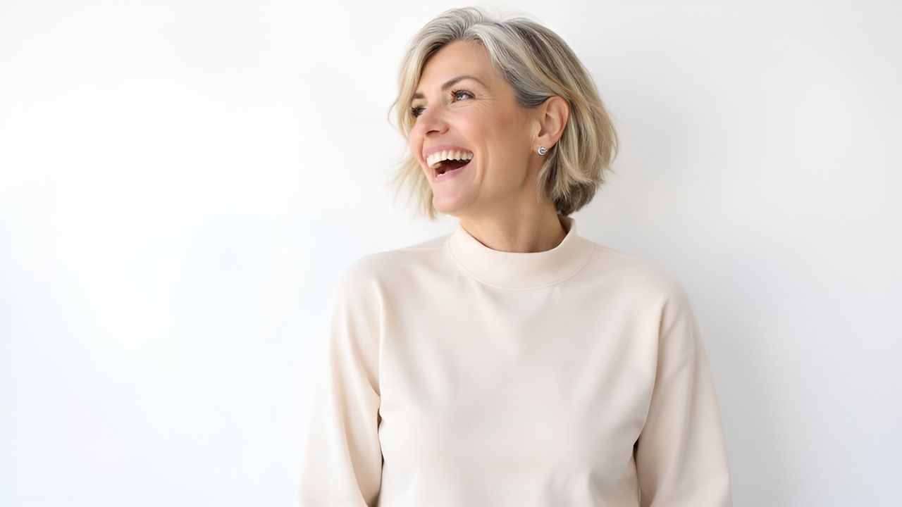 A woman with stylish short blonde-gray hair is smiling broadly while looking to the side on a plain background