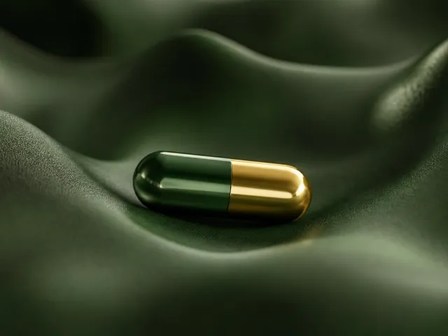 A GLP-1 supplement capsule against a green wavy background.