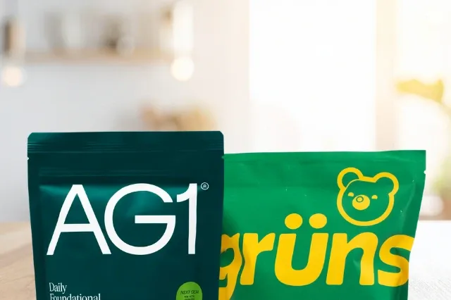 Grüns vs AG1 supplement bags on a kitchen table