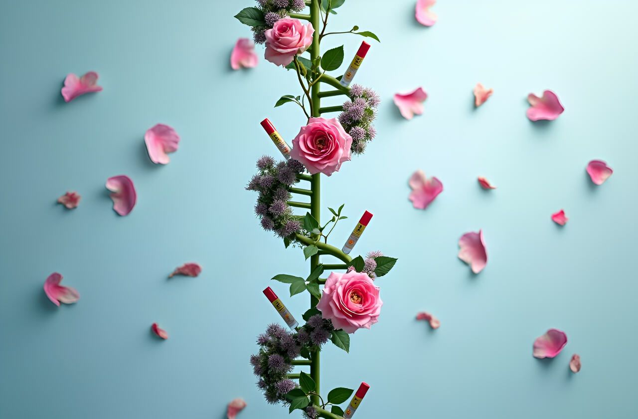 DNA double helix structure with green stems forming the spiraling backbone, featuring pink and light purple roses and blood sample test tubes along the structure in a dramatic gradient pattern