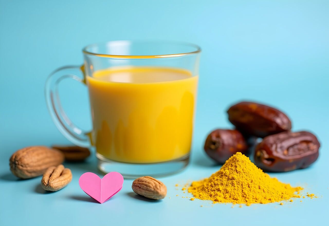 An arrangement of foods that boost libido: dates, nuts, and turmeric
