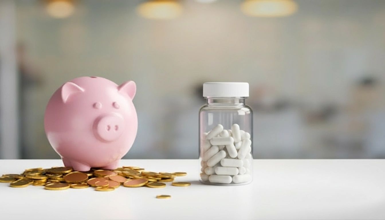 A pink piggy bank sits next to scattered gold coins and a supplement bottle on a white surface.