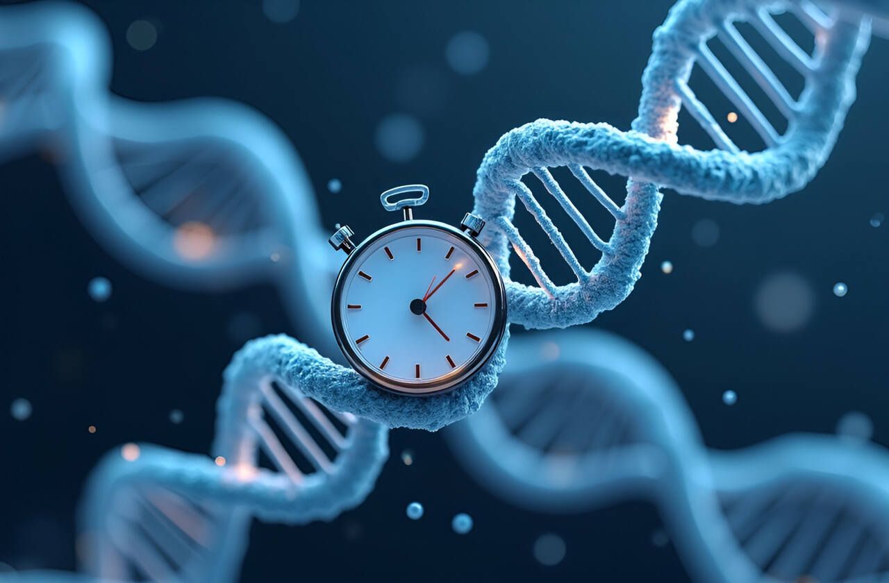 DNA strand with a clock representing epigenetic age testing