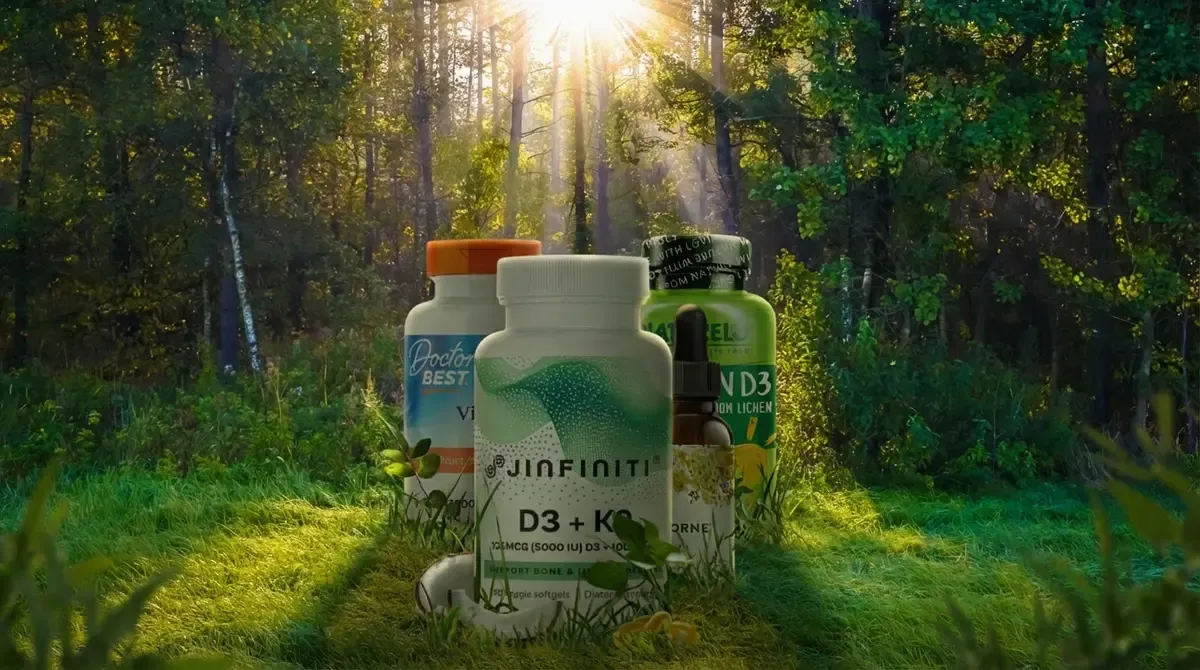The Best Vitamin D3 Supplements: Image with four D3 supplement bottles in a sunlit forest.