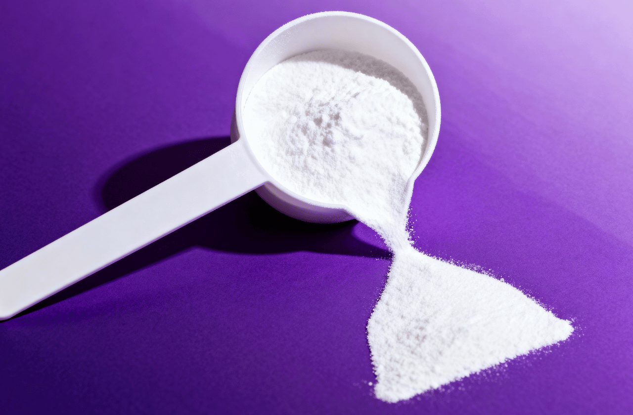 A white measuring scoop filled with creatine powder being poured into the shape of an hourglass symbolizing longevity.