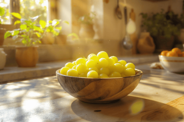 A wooden bowl of indian gooseberries (amla fruit) on a kitchen island
