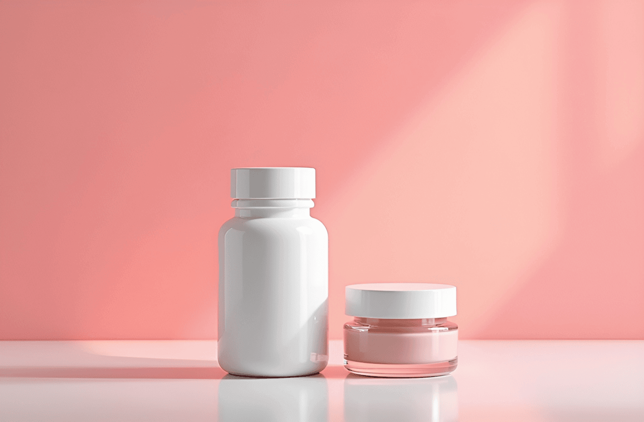 Bottle of Niacin Beside a Jar of Niacinamide Cream