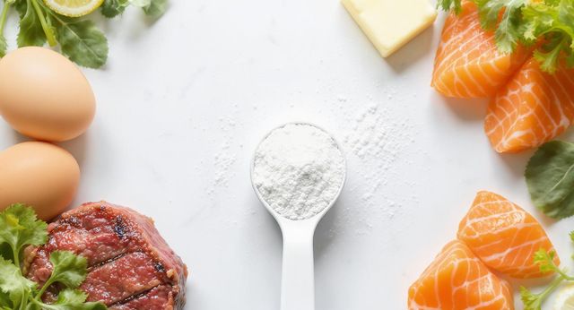 A scoop of creatine powder surrounded by keto-friendly foods