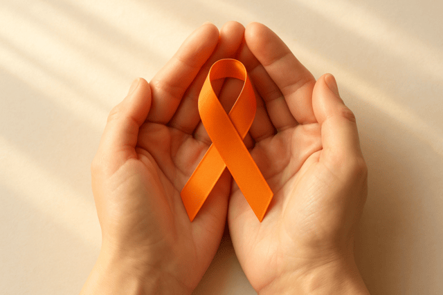 Two cupped hands protectively hold an orange multiple sclerosis awareness ribbon against a light background.
