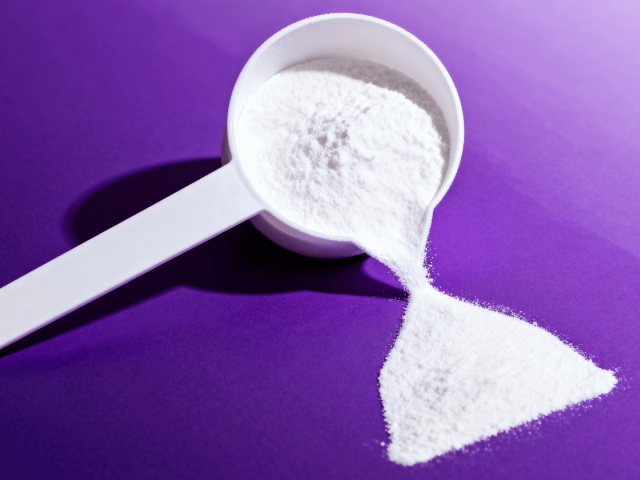 ATP Supplements: Benefits, Dosage and Side Effects 4 A white measuring scoop filled with creatine powder being poured into the shape of an hourglass symbolizing longevity.