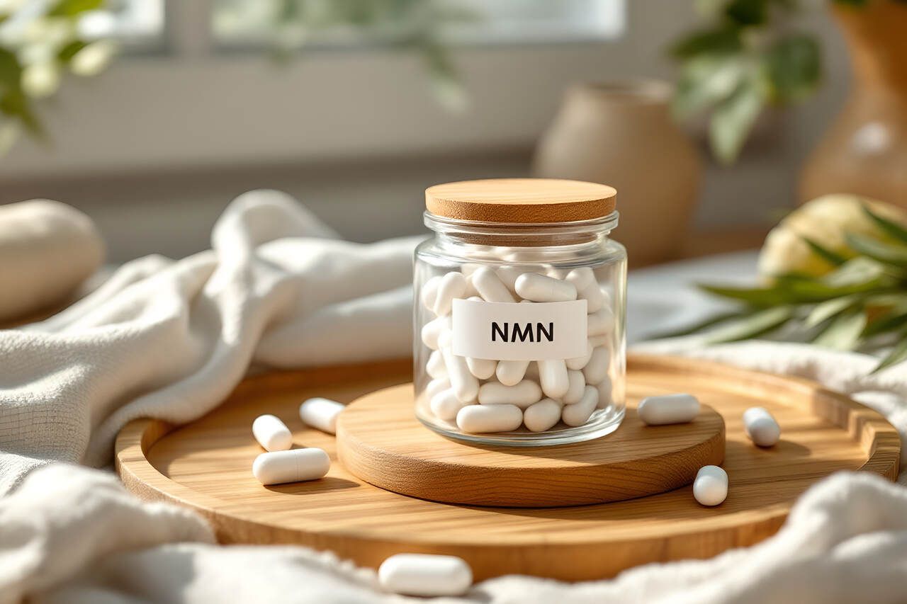 An image showing a jar labeled NMN full of supplement capsules on a bamboo table
