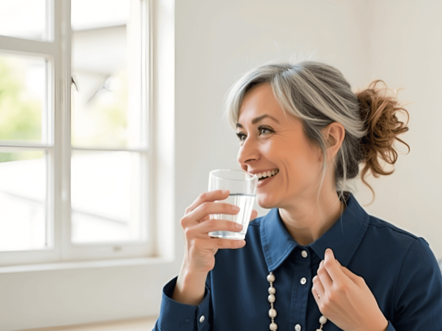 Woman drinking a glass of water with her morning NMN supplement