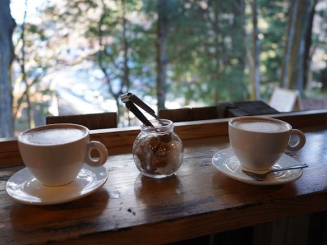 Two cups of coffee by the window, forest in background