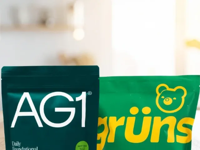 Grüns vs AG1 supplement bags on a kitchen table